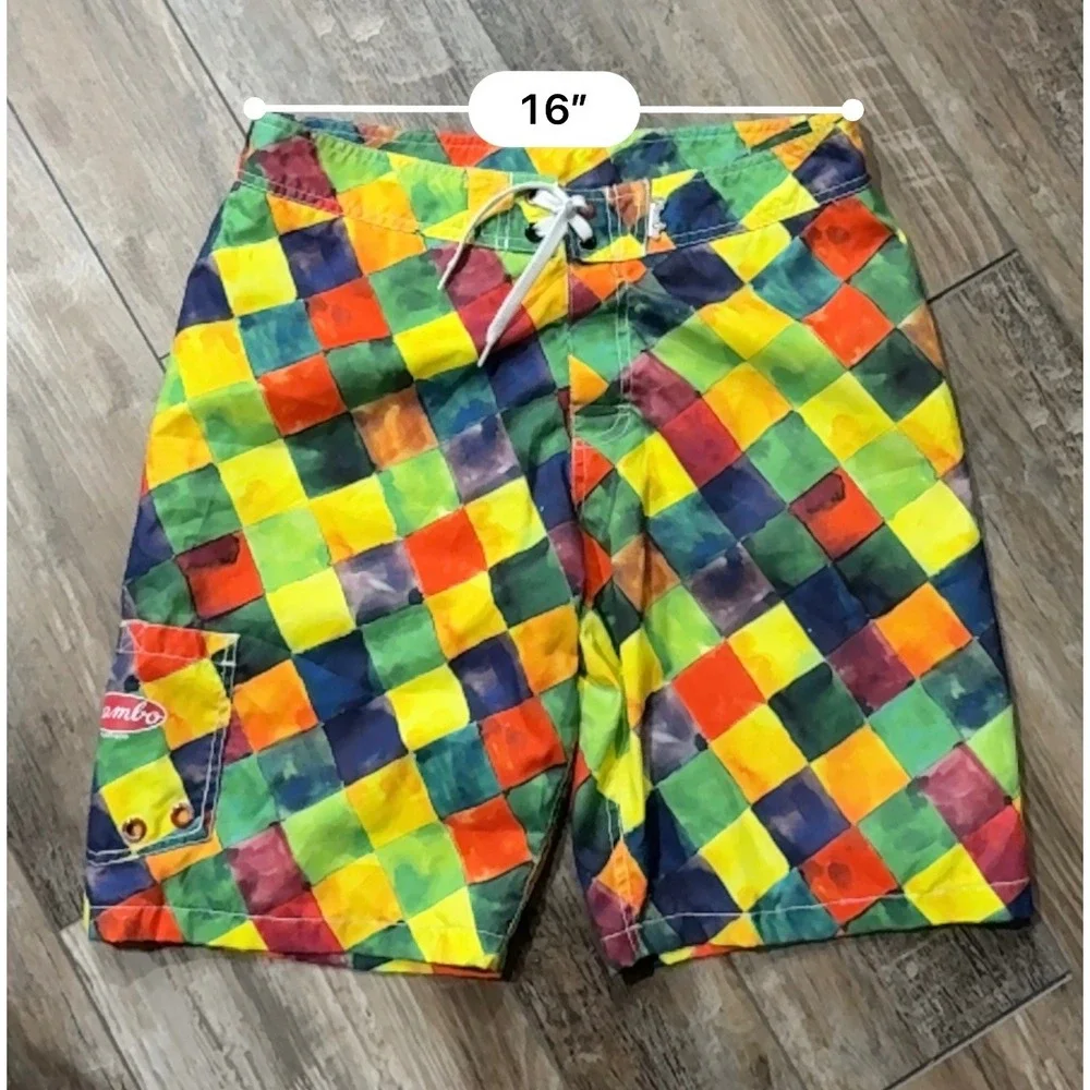 Mambo Board Shorts Mens Medium Multi Color Watercolor Checkerboard Swim Trunks